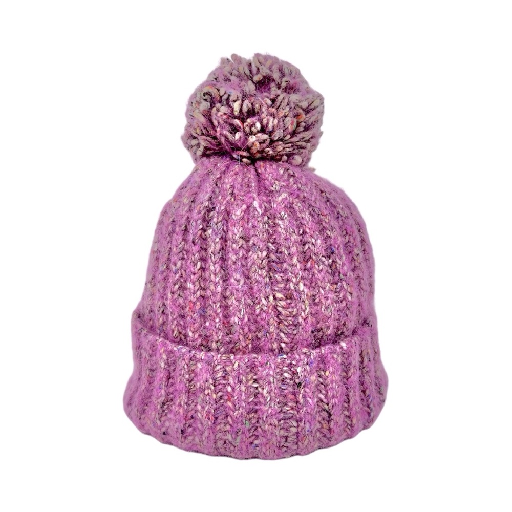 J. Crew Alpaca Wool Blend Knit Pom Pom Hat Chunky Ribbed Pink Multicolor